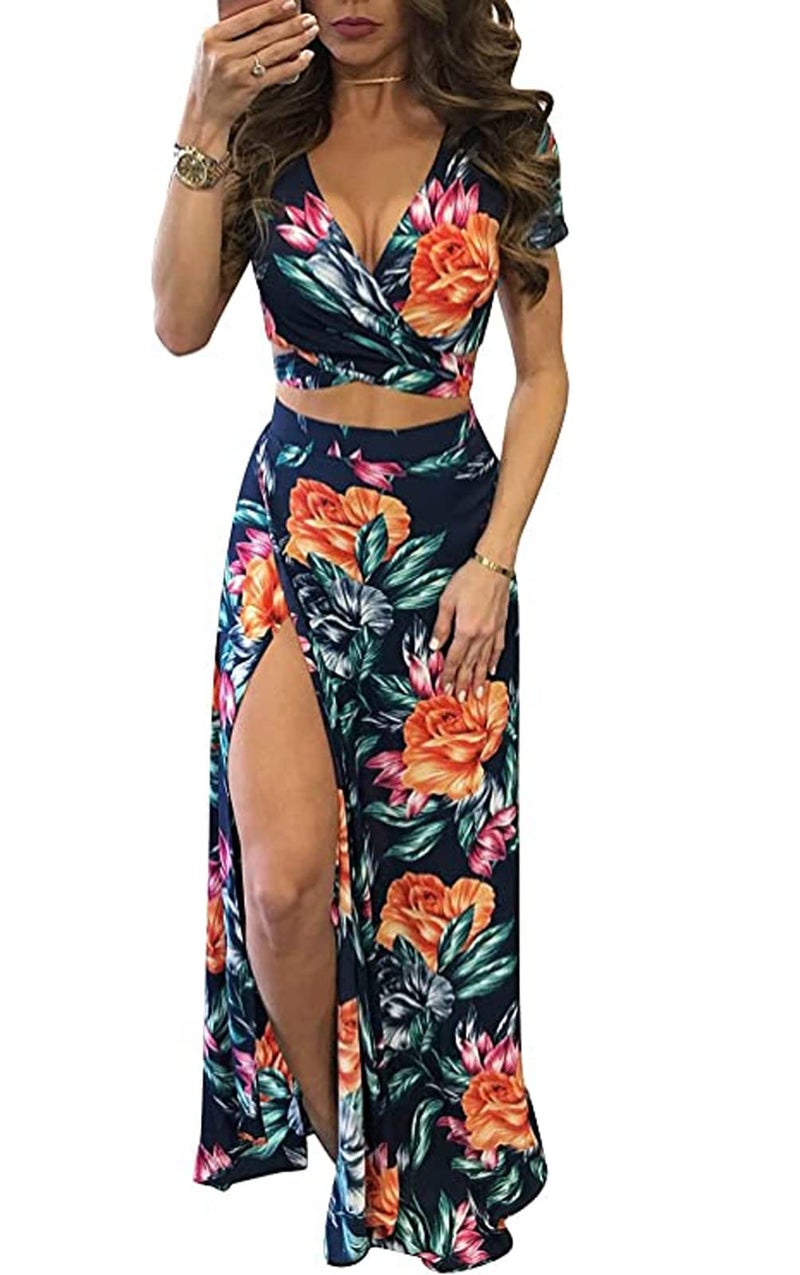Aro Lora Women's Sexy V Neck Floral Printed Side Slit Two-Piece Maxi Dress Large Multicolor - Image 1